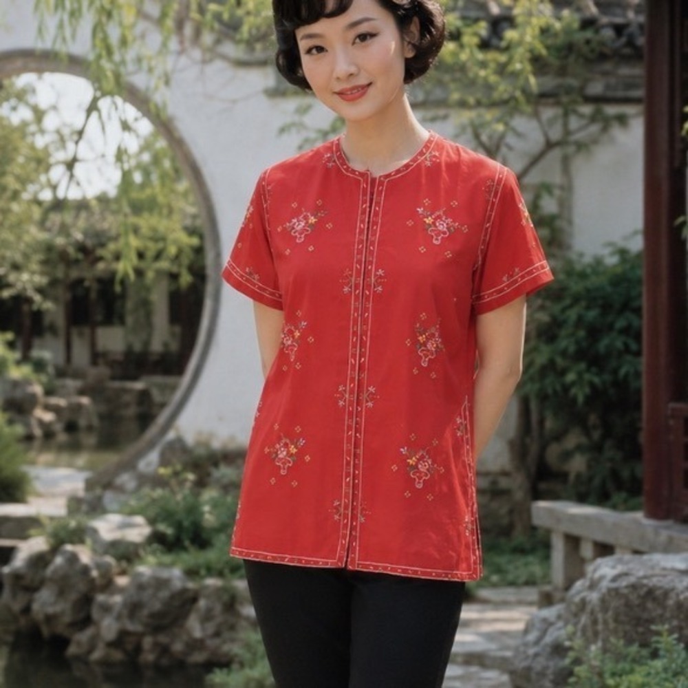 VTG Chinese Red Floral Embroidered Short Sleeve Blouse Hidden Button Top